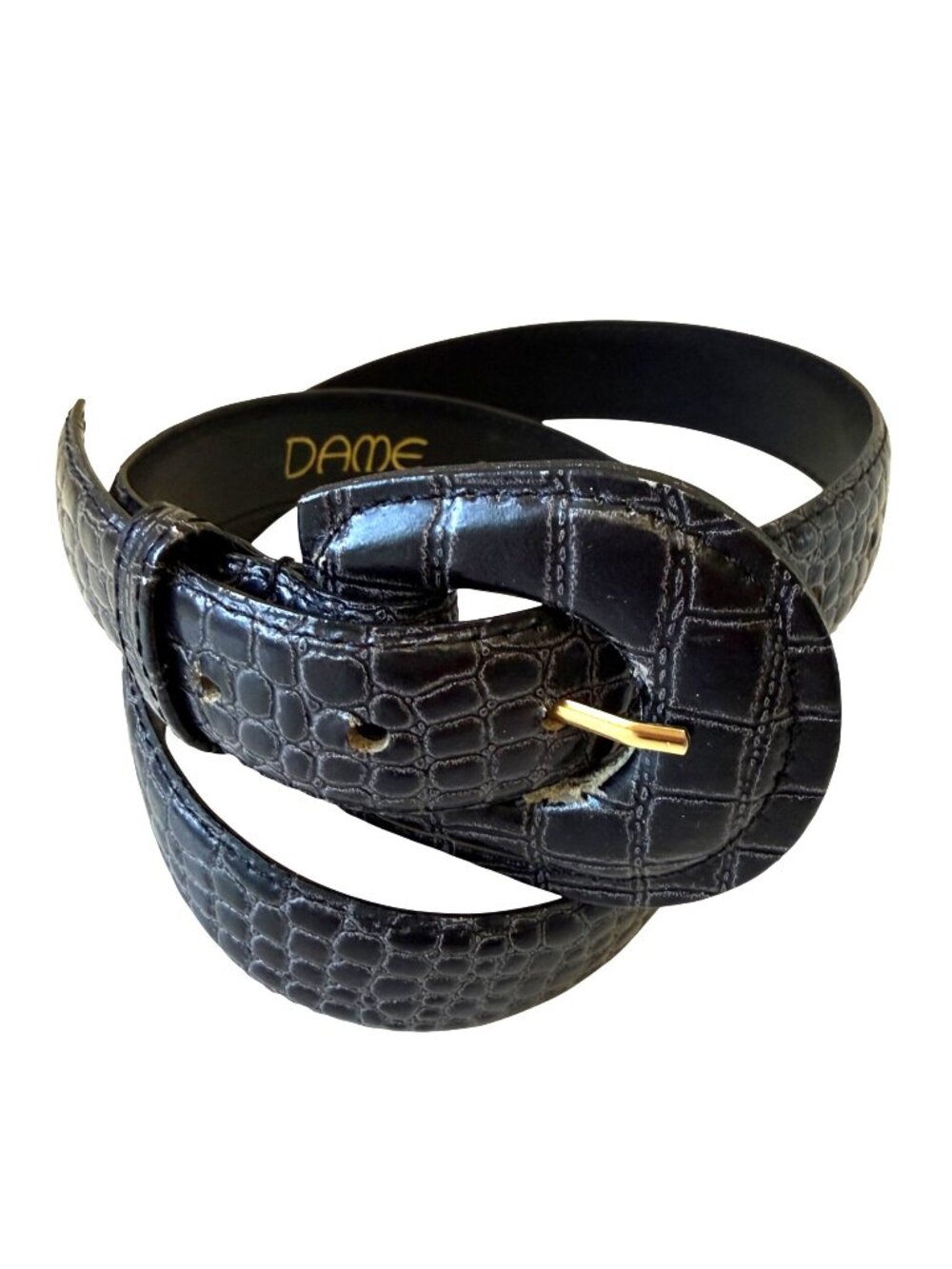 Dame Women's Leather Belt S Black Genuine Leather Croc Embossed Old Money Luxury